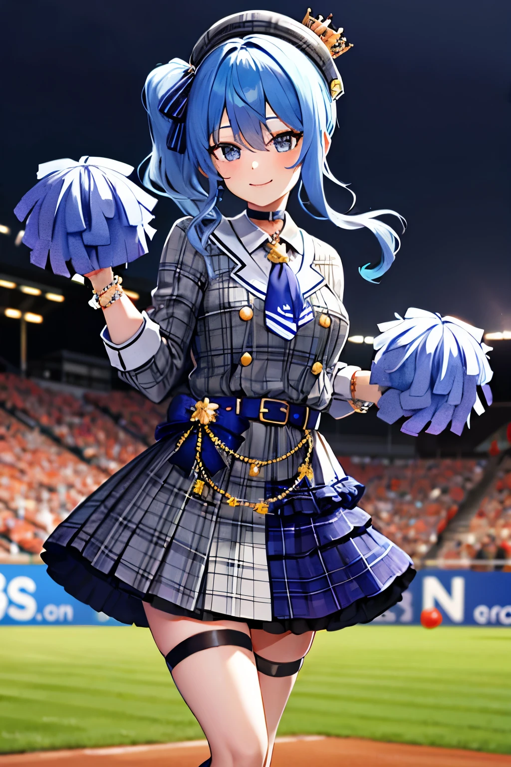 baseball ground, masterpiece, best quality, highres, sui1, 1girl, solo, side ponytail, hoshimachi suisei, holding pom poms, cheerleading, pom pom, single thighhigh, jewelry, single sock, thigh strap, bracelet, blue socks, buttons, single kneehigh, plaid dress, blue choker, blue belt, plaid skirt, mini crown, grey skirt, blue ascot, long sleeves, plaid jacket, cowboy shot, night game, smile