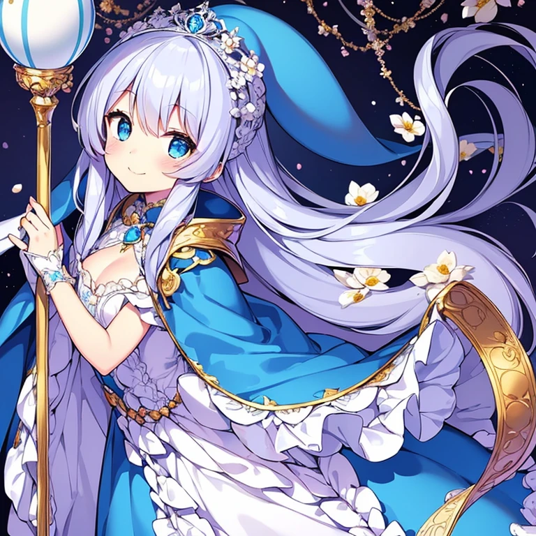 looking at viewer,(kawaii),(best quality),(ultra detailed),(rococo style),(long train blue cape:1.15), very long cape,(long train white ball gown with flower decorations:1.1), a girl is wearing a cape over her gown, 1 little princess, tiara, smile, very long hair, small breasts