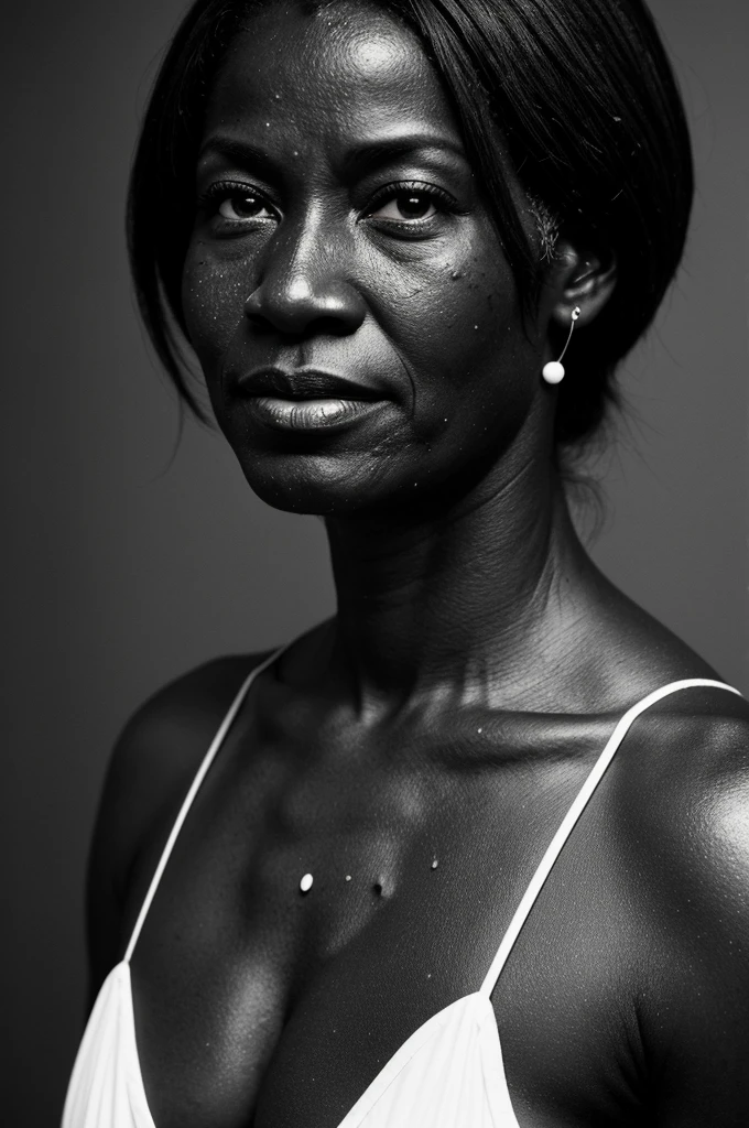 An old-looking black and white photo of a 57-year-old woman with dark skin, splattered nose, muscular, with a mole on his left cheek. Dressed as a Christian woman dressed in the 90s 