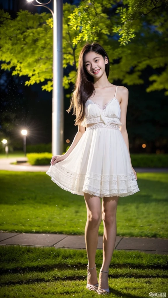 (Highest quality:1.5), (Real:1.4), (Ultra high definition:1.4), (No correction:1.4), (Skinny 18 year old girl), (1 Japanese very thin girl with flat chest in eighteen years old), (very thin body), skinny face, (Beautiful skin), (Ruffled Dress), High heels, (girl is wearing Ruffled Dress), (very thin girl is standing on the grass in the park at night), (18yo very thin girl is standing in the night park), (front view of a flat chest girl), (Night Park), (Upper Body), (smile), (Turn your body forward), (flat chest), (very thin)