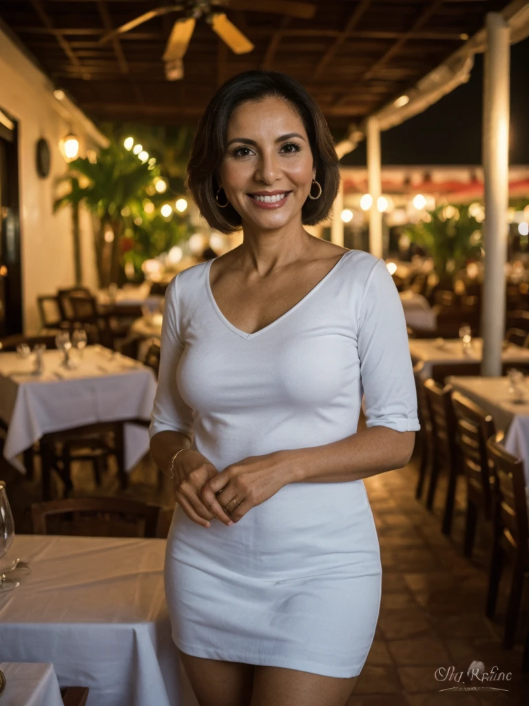 Liliana, 1girl, solo, realistic, photorealistic, high quality picture, 8k, high resolution, detailed quality, film grain, natural photo, ultrarealistic, (((40-years-old))), ((detailed wrinkles in her face)), LATINA, (Background: Dominican Republic), (((SLIM))), ((THIN)), (Slender) ((Short Straight hair)), Smiling, fully clothed, Pose: standing, ((standing on a restaurant in Dominican Republic)), Night time, full shot