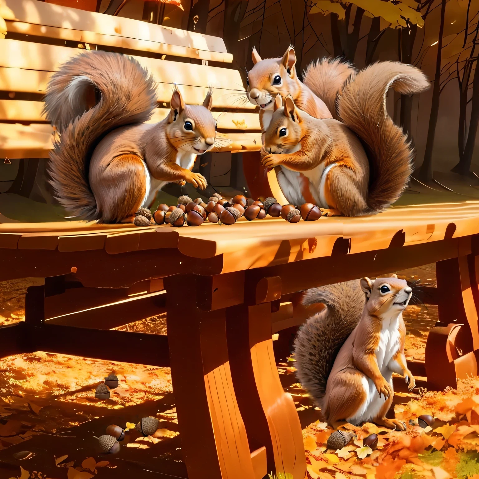 (8K, 16K, Awards, Highest quality, High resolution, Very detailed,Anatomically correct, Realistic, RAW Photos, Tabletop: 1.1),
(squirrel:1.5),squirrelはベンチの上,squirrelは両手でドングリを掴んでいる,See who's watching