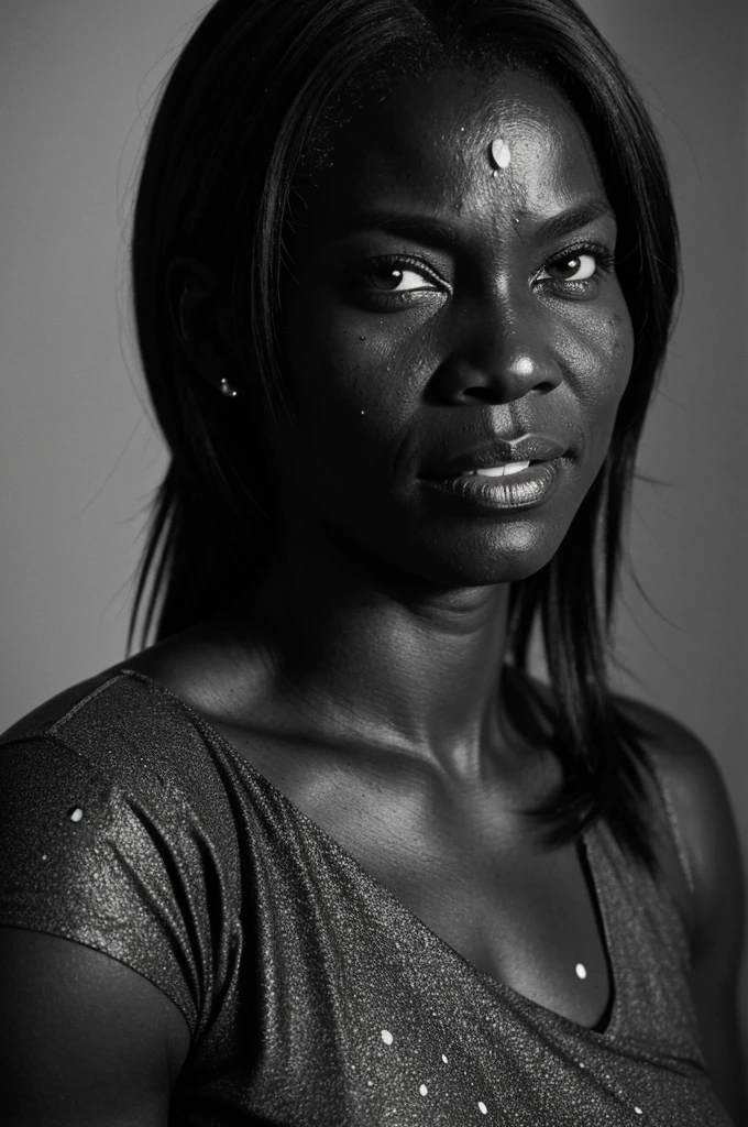 An old-looking black and white photo of a 57-year-old woman with dark skin, splattered nose, muscular, with a mole on his left cheek. Dressed as a Christian woman dressed in the 90s