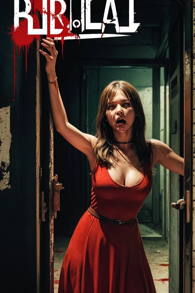 Illustration, art, 70s slasher movie poster,The girl dashed into the old warehouse and desperately tried to close the door, but it was too late. A monster with a sharp blade appeared and slashed her throat. Blood spurted out, and the girl died instantly.
