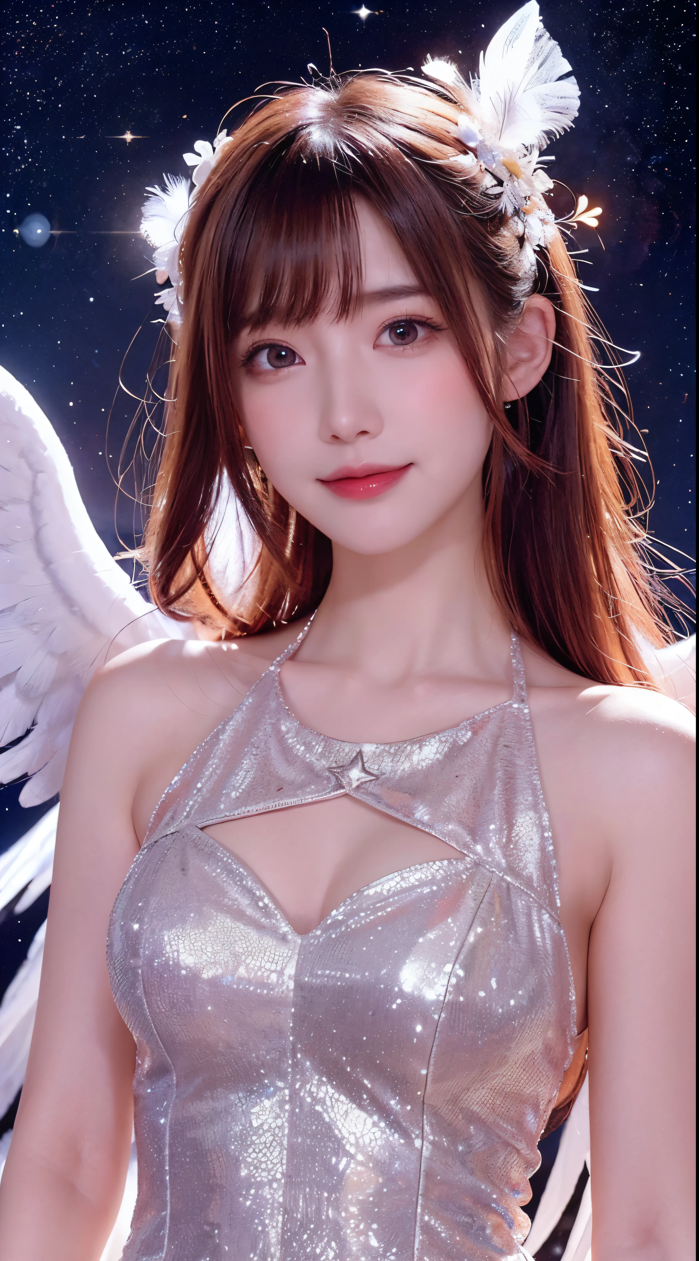 with high definition images，angel images，Femmele、Maroon hair、Smile、White angel wings、Golden halo、Pink Dress、upright、universe space、Milky Way in the background、遠くのstar、Upper Body、star々The brilliance。Facial details