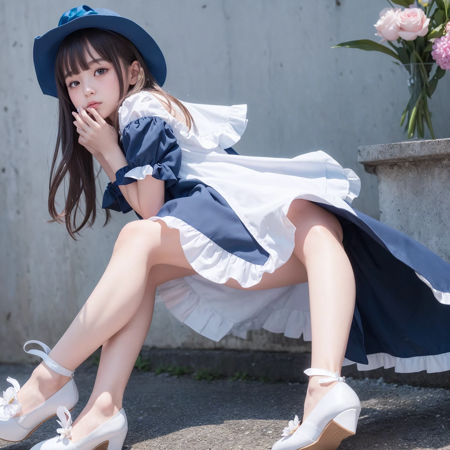 Detailed face, Cute face, Uekura, One Girl,, White Background, have, dress, Blue footwear, wing, Simple Background, sign, flower, Manicure, Wide sleeves, Short sleeve, blush, animal, white flower, alone, whole body, bird, Show Viewer, High heels, Put your hand on your cheek, Put your hands on your face, Frills, bow, bangs, ribbon, Bell, Blue Hat, +_+, shoes, Fluffy long hair, shoes, Blue Claws, feathered wing, blue bow