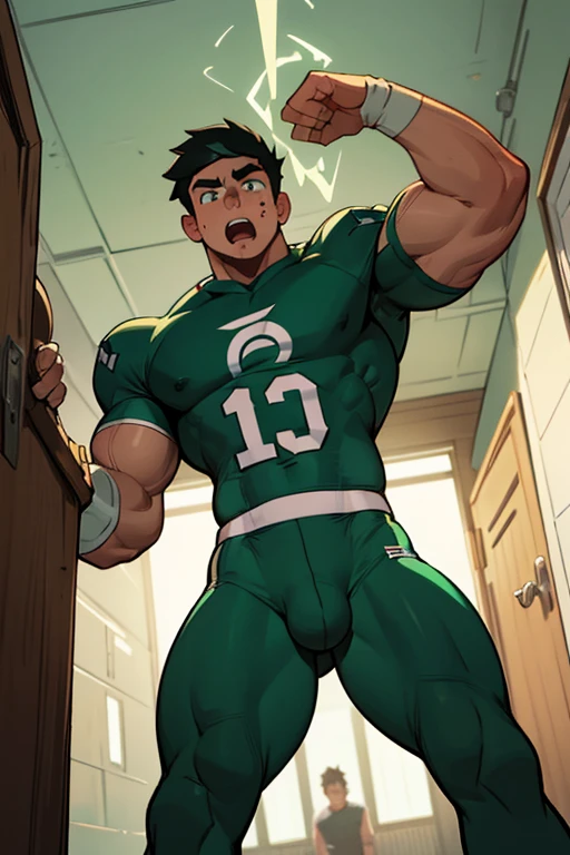 Danny Phantom, ghost, hypnosis, jock, conversion, locker room hallway, hyper muscles, jockstrap, bro, meathead, hypnotized, brainwashed, brainwashing, big dumb jock, football. Glowing green eyes. Hyper crotch bulge. Massive bulging crotch. Big balls. Big biceps. Big triceps. Big traps. Broad shoulders. Big meaty pecs. Big thighs. Thick glutes. Football team assimilation. Deep dull voice. glazed expression. dumber and dumber. Open mouth. Clothes turning into a football uniform.