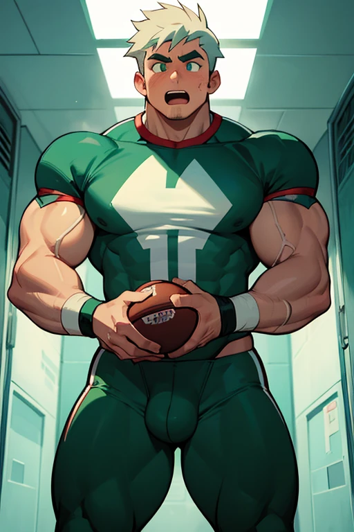 Danny Phantom, ghost, hypnosis, jock, conversion, locker room hallway, hyper muscles, jockstrap, bro, meathead, hypnotized, brainwashed, brainwashing, big dumb jock, football. Glowing green eyes. Hyper crotch bulge. Massive bulging crotch. Big balls. Big biceps. Big triceps. Big traps. Broad shoulders. Big meaty pecs. Big thighs. Thick glutes. Football team assimilation. Deep dull voice. glazed expression. dumber and dumber. Open mouth. Clothes turning into a football uniform.