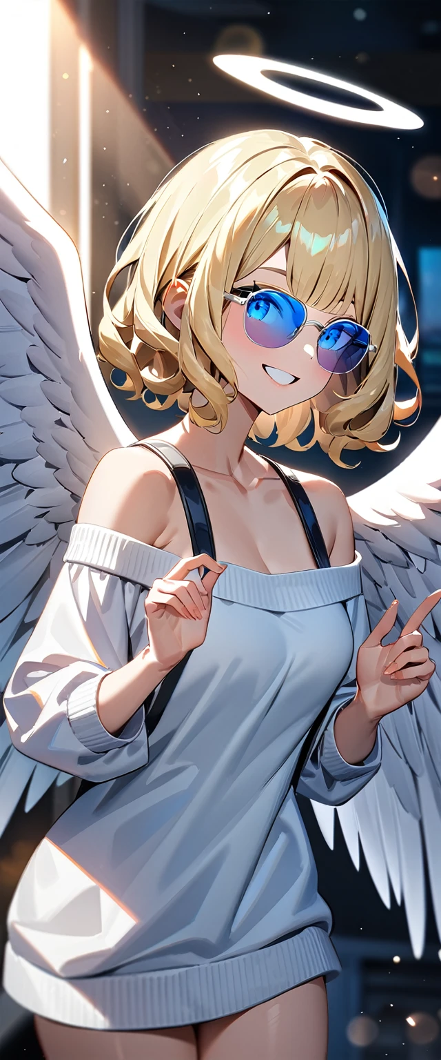 ((flying in the sky)), ((angel, big big white wings:1.3, halo:1.3)), ((sky)), (((sunglasses, hand to sunglasses))), (((cowboy shot))), archangel Uriel, ((wavy hair, inward curled hair)), evening, Sunset, ((blond hair, bob cut:1.3)), breasts, ager, (looking at viewer), oversized clothes, puffy long sleeves, collarbone, ((off-shoulder sweater:1.3, Quite thick shoulder straps)), ((white sweater)), collarbone, head tilt:1.3, (((blue eyes))), ((happy smile)), (((anime style))), (best quality, 4K, 8K, highres, masterpiece:1.2, ultra-detailed, ultra-detailed eyes, HDR, uhd, studio lighting, ultra-fine painting, sharp focus, physically-based rendering, extreme detail description, professional, vivid colors, bokeh)
