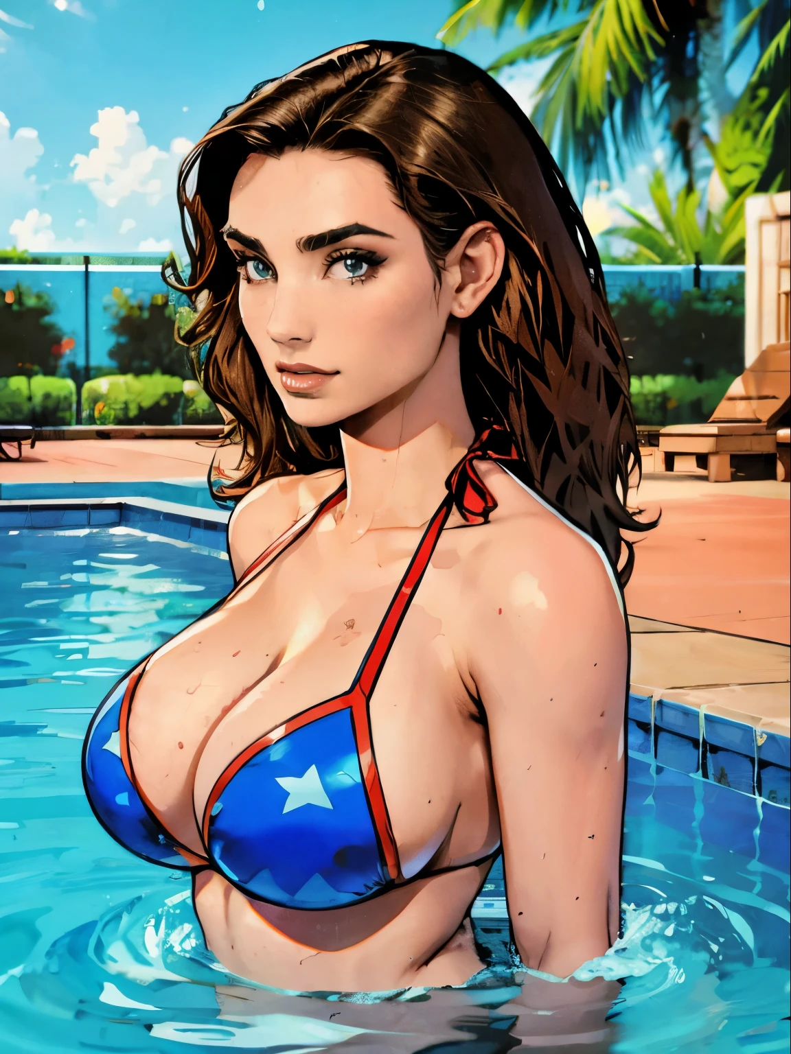 Gorgeous and sultry busty athletic (thin) brunette with sharp facial features and a (long slicked-back hair) and (huge boobs) wearing a star-spangled bikini, Americana, swimming pool.