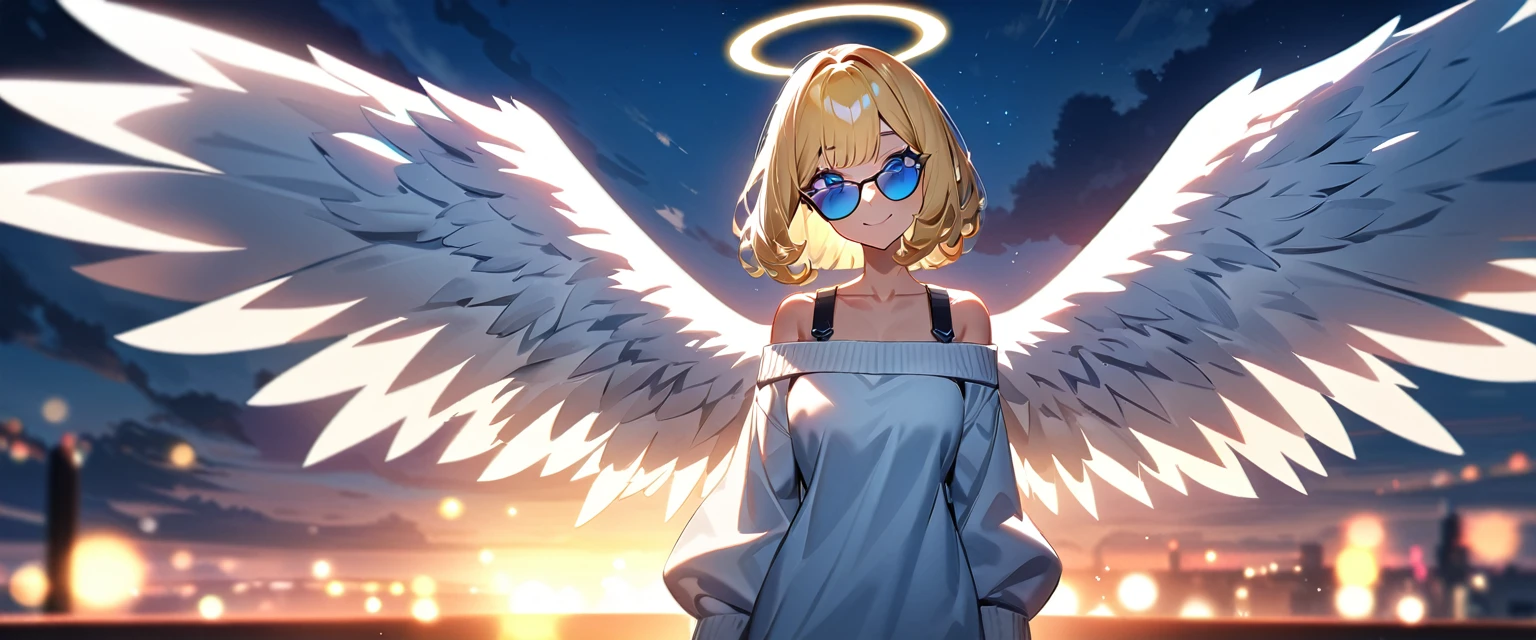((flying in the sky)), ((angel, big big white wings:1.3, halo:1.3)), ((sky)), (((sunglasses, hand to sunglasses))), (((cowboy shot))), archangel Uriel, ((wavy hair, inward curled hair)), evening, Sunset, ((blond hair, bob cut:1.3)), breasts, teenager, (looking at viewer), oversized clothes, puffy long sleeves, collarbone, ((off-shoulder sweater:1.3, Quite thick shoulder straps)), ((white sweater)), collarbone, head tilt:1.3, (((blue eyes))), ((happy smile)), (((anime style))), (best quality, 4K, 8K, highres, masterpiece:1.2, ultra-detailed, ultra-detailed eyes, HDR, uhd, studio lighting, ultra-fine painting, sharp focus, physically-based rendering, extreme detail description, professional, vivid colors, bokeh)