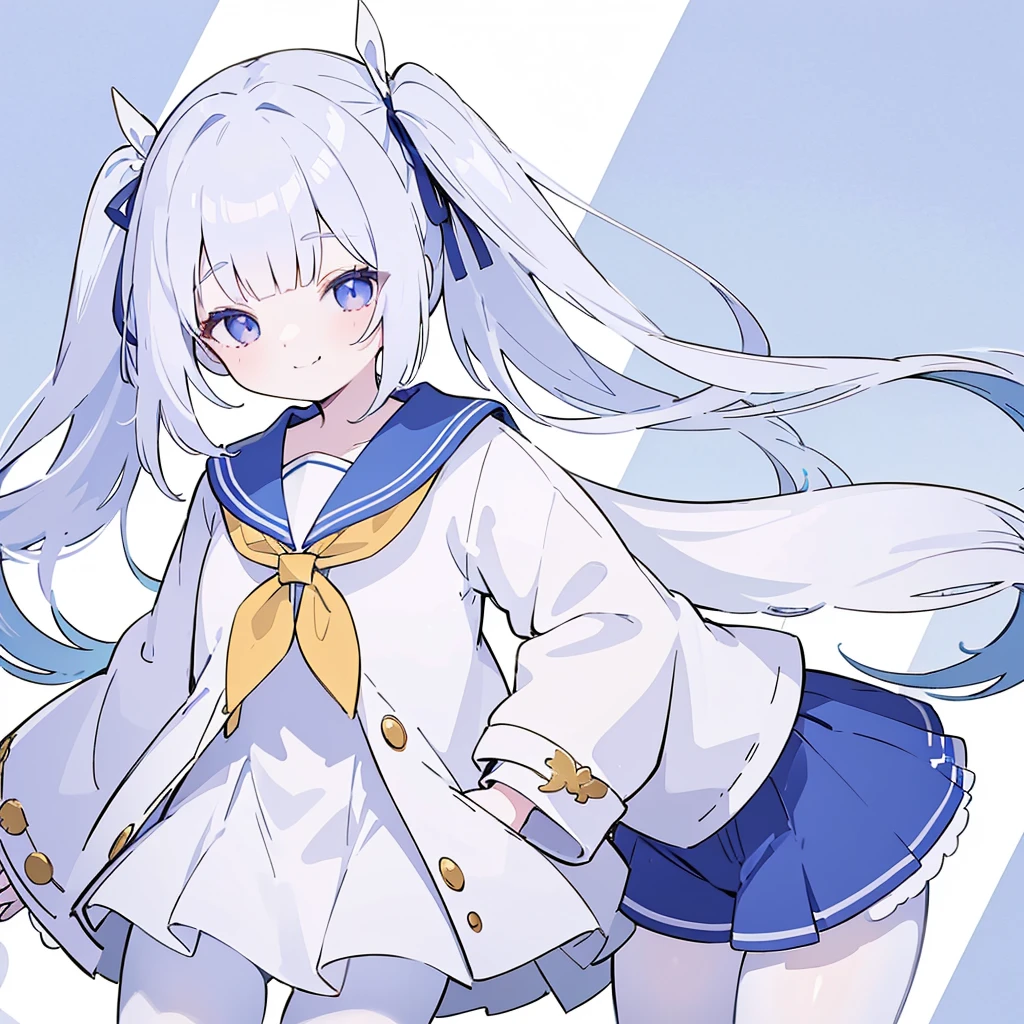 highres,ultra detailed,1girl,ponto nei,white hair,hair ribbon,hair ribbon,blue hair,blues eyes,low twintails,hair ornament,skin fang,sailor collar,neckerchief,white pantyhose,blue shorts,purple jacket,white background,smile,closed eyes,bent over,