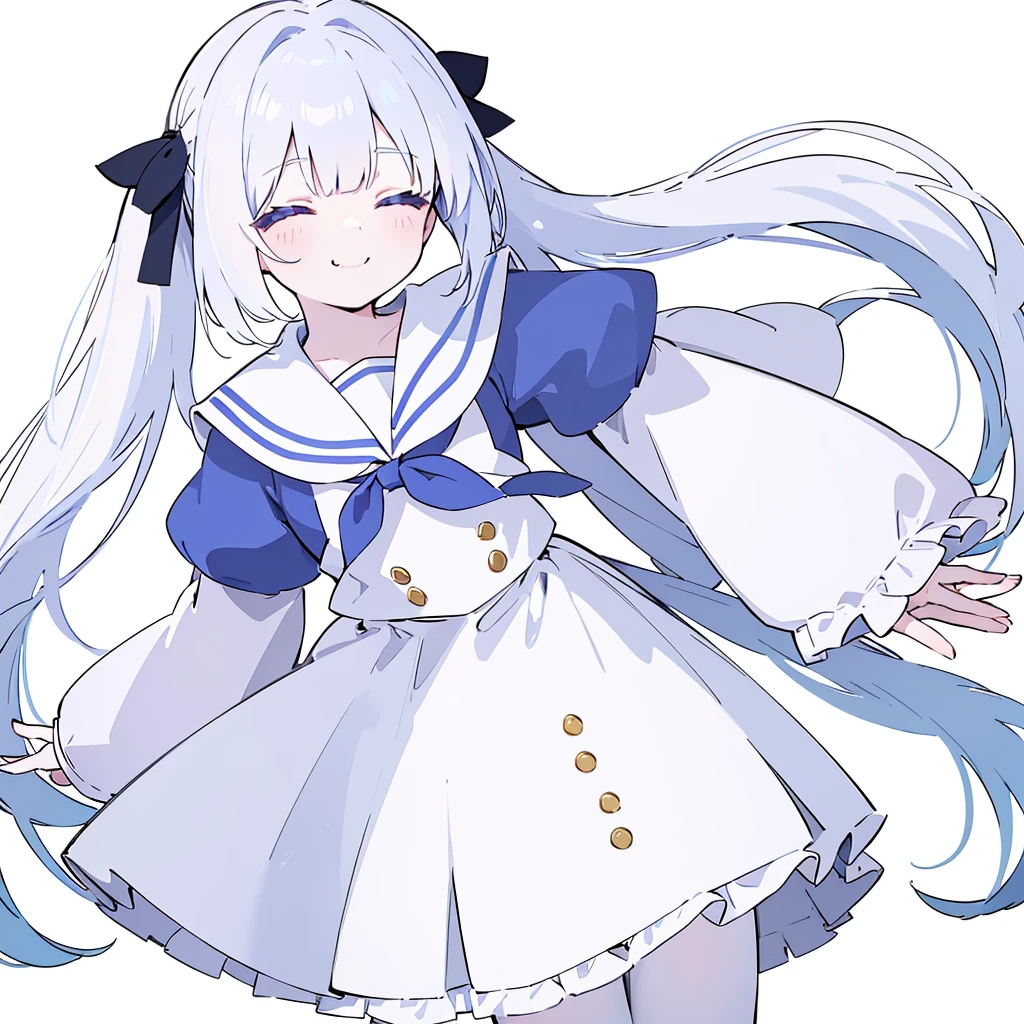 highres,ultra detailed,1girl,ponto nei,white hair,hair ribbon,hair ribbon,blue hair,blues eyes,low twintails,hair ornament,skin fang,sailor collar,neckerchief,white pantyhose,blue shorts,purple jacket,white background,smile,closed eyes,bent over,