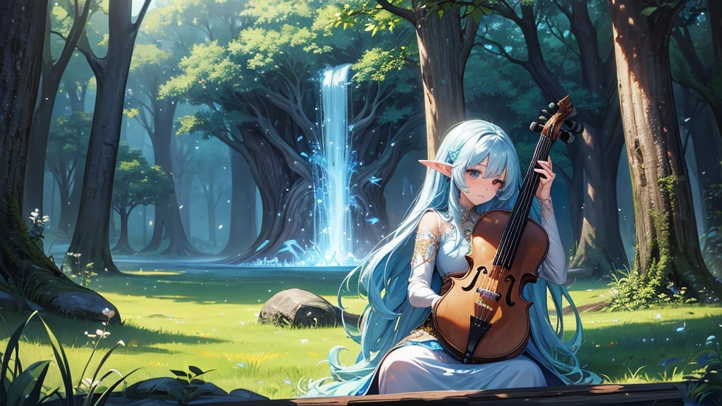 high quality、There is a woman sitting in the woods with a fiddle, The blue light illuminates the elven woman.、Beautiful fantasy anime, Beautiful fantasy art, Fantasy art style, Elven forest bard playing the fiddle, Anime fantasy artwork, very Beautiful fantasy art, 2. 5 d cgi Anime fantasy artwork, Anime fantasy illustration, Beautiful fantasy maiden, epic Fantasy art style hd, Beautifully detailed fantasy, Fantasy Beautiful, Beautiful digital art