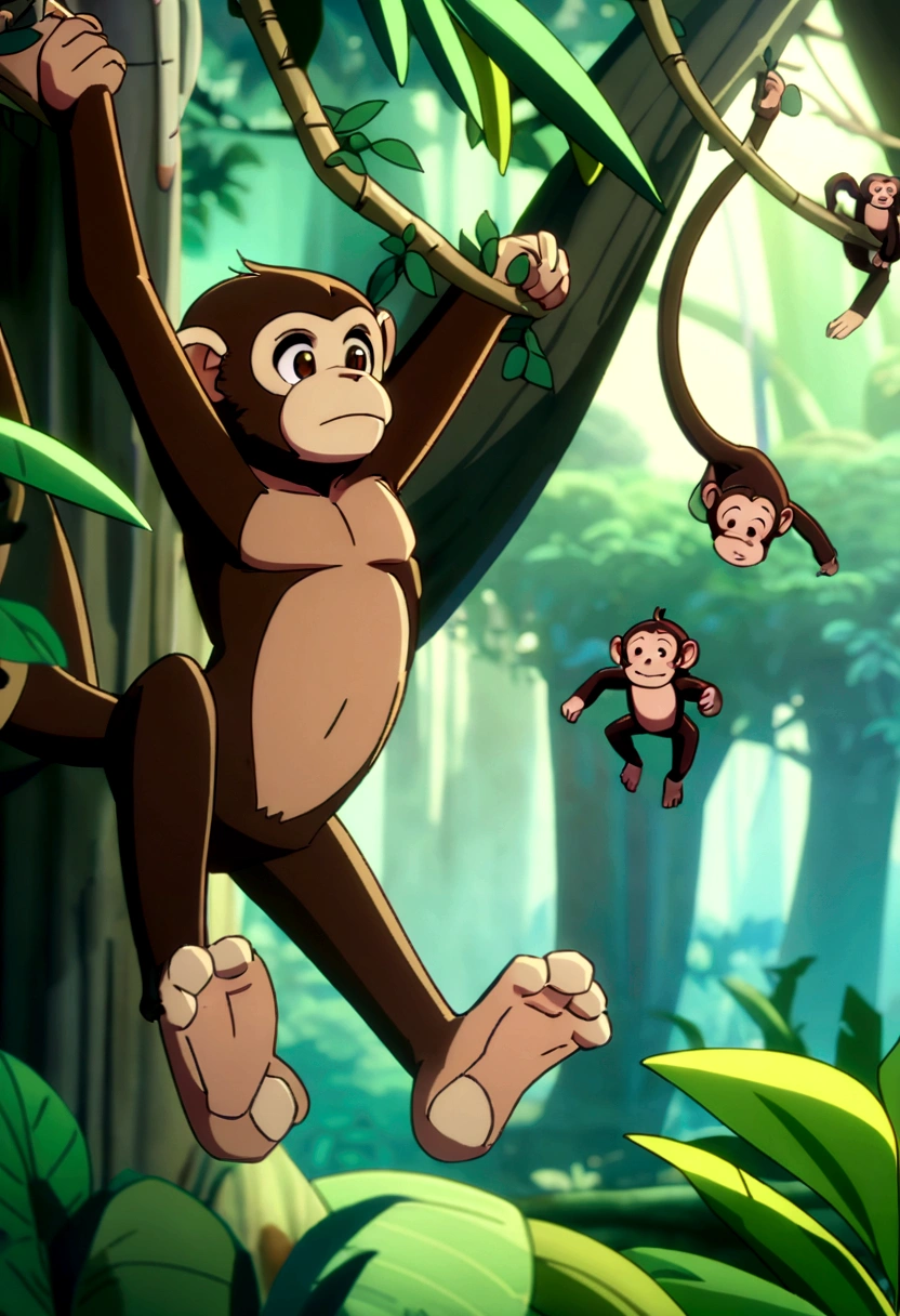 cartoon monkey hanging from a tree branch in a jungle, apes hanging from vines, animated movie still, monkey, cyber monkey in the scifi forest, chimpanzee, animated film still, animation still, subject= chimp, animated movie scene, animated still, clever monkey with a long knife
