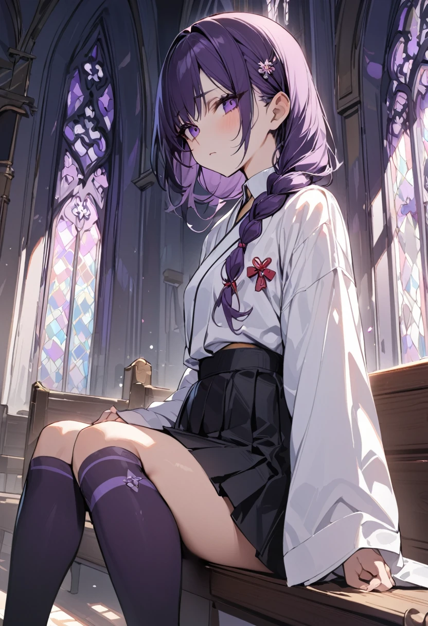 masterpiece, best quality, young woman, dark purple hair, very long single braid, bright purple eyes, white shirt with long sleeves reminiscent of a kimono, thin red bow under collar with diamond-shaped pin in front of the bow, black high-waisted pleated skirt, dark purple high socks, siting, church, expressionless