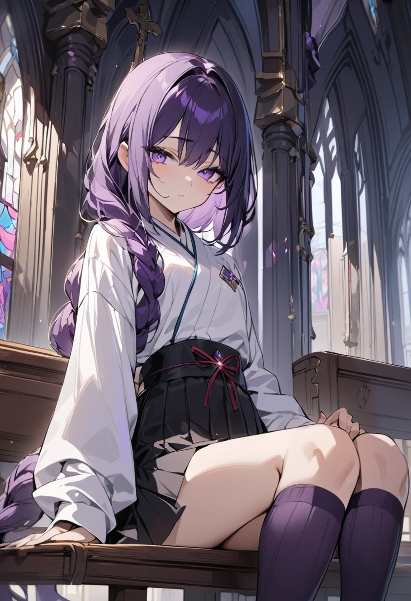 masterpiece, best quality, young woman, dark purple hair, very long single braid, bright purple eyes, white shirt with long sleeves reminiscent of a kimono, thin red bow under collar with diamond-shaped pin in front of the bow, black high-waisted pleated skirt, dark purple high socks, siting, church, expressionless