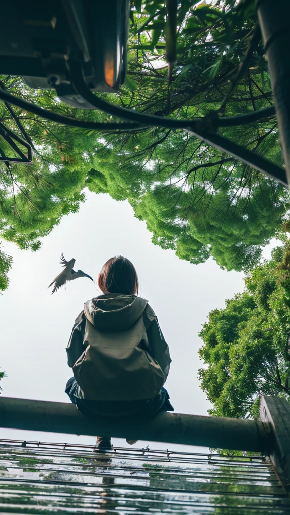 ((crane))、bird、Rainy Sky、1girl,from below