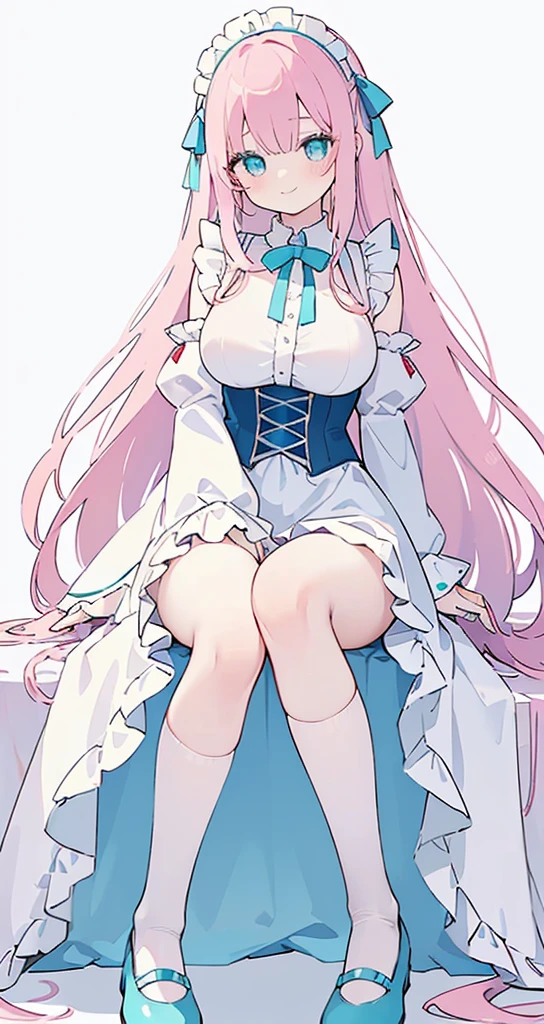 (long beautiful pinky hair) cyan eyes, (Eyes behind long bangs) big breasts, Sitting pose using accessories (using socks) perfect shiny beautiful cyan shoes (Wearing luxurious palace maid clothes Perfect perfect noble) Pose facing sideways (Girl1, straight hair not too long, bangs covering one eye, soft face, gentle smile) long pink hair, beautiful cyan eyes (Sitting pose, right hand down, left hand down, leaning pose, smile kawai, (blank white background) Wearing a blue corset, (Using a beautiful bright blue ribbon) Kawai shy cute eyes (cyan colored shoes must be shiny, Must wear short white socks) Short custom maid sleeves reaching mid-shoulder