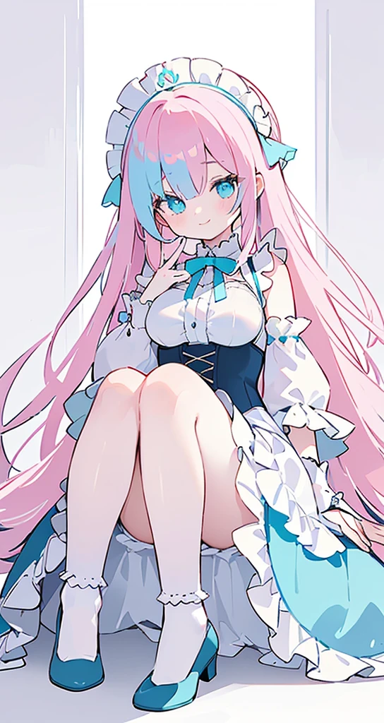 (long beautiful pinky hair) cyan eyes, (Eyes behind long bangs) big breasts, Sitting pose using accessories (using socks) perfect shiny beautiful cyan shoes (Wearing luxurious palace maid clothes Perfect perfect noble)  Pose facing sideways (Girl1, straight hair not too long, bangs covering one eye, soft face, gentle smile) long pink hair, beautiful cyan eyes (Sitting pose, right hand down, left hand down, leaning pose,  smile kawai, (blank white background) Wearing a blue corset, (Using a beautiful bright blue ribbon) Kawai shy cute eyes (cyan colored shoes must be shiny, Must wear short white socks) Short custom maid sleeves reaching mid-shoulder 