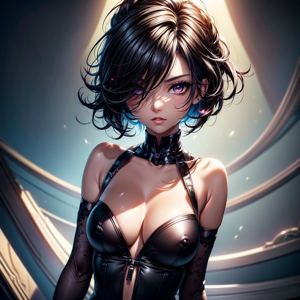 (masterpiece)(8k)(bedroom)(25-year old woman)(facial closeup:1.3)(fisheye)(1girl:1.5)(solo:1.8)(wild hair:1.3)(short hair:1.3)(black brown hair)(shiny hair:1.2)(hair over one eye:1.5)(hairbun:1.2)(small breasts:1.5)(flat chest:1.5)(black pupils:1.4)(glossy skin:1.4)(glossy lips)(dark, glossy eye-shadow:1.6)(dark eyelashes:1.4)(serious expression:1.3)(semen:1.7) rossdraws pastel vibrant, rossdraws cartoon vibrant, style anime 8k, beautiful portrait, artgerm colorful!!!, ! dream artgerm, beautiful anime girl, styled digital art, art wallpaper 8k, digital art, extremely detailed artgerm,