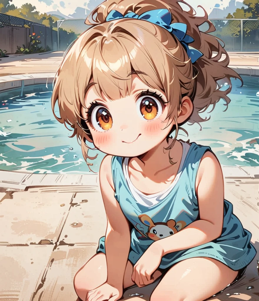 Water is splashing out of the water gun、Pool、Cartoon style character design,1 Girl, alone,Big eyes,Cute expression,Tank top、interesting,interesting,Clean Lines