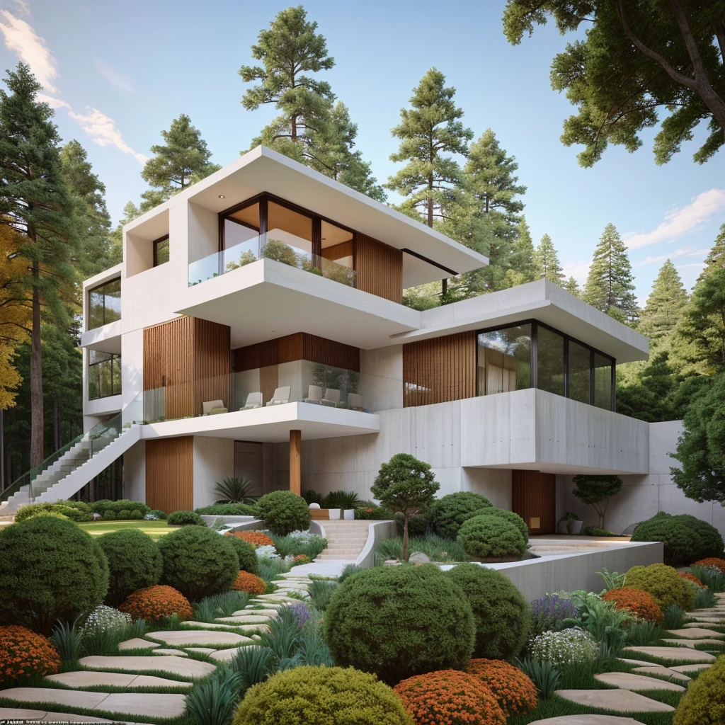 The MODERN HOUSE is located on the upper hill, (curly pathway in front of the house), white wall, concrete, glass windows, wood ceilings, ((big front yard)), court outside, in the morning, pine forest, in FALL,
