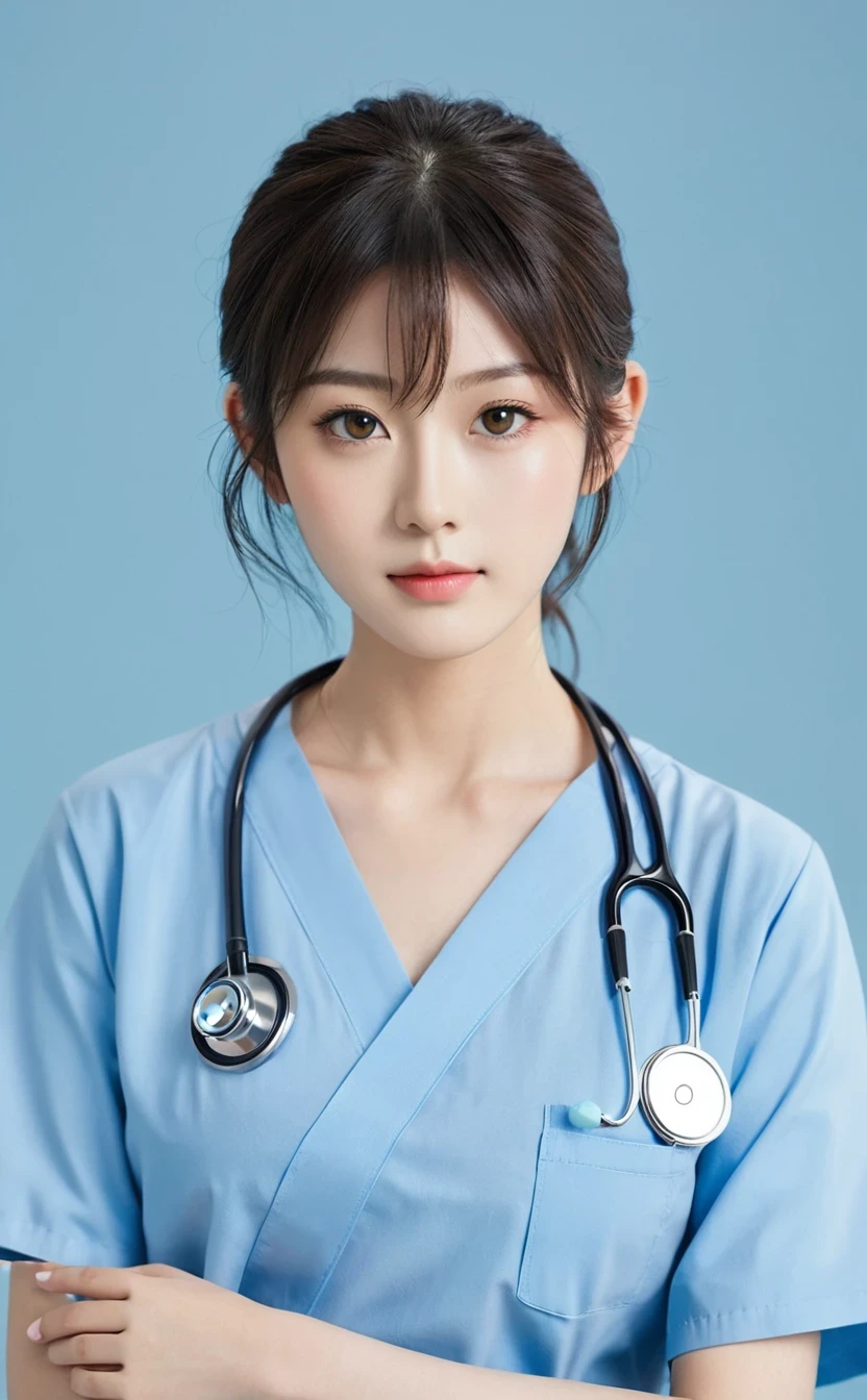 Realistic,Japanese young idol one girl portrait,nurse,Wearing a blue doctor&#39;s uniform with a collar,Please laugh,Clean atmosphere,Simple light blue background,Tilting face,Beautiful fingers,Popular Korean makeup,Beautiful fingers,photoRealistic,smile