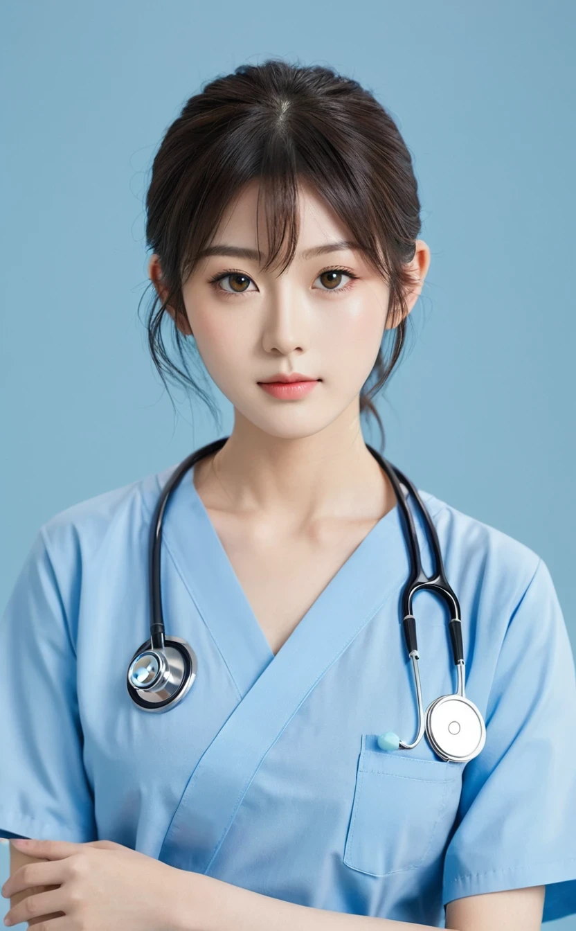 Realistic,Japanese young idol one girl portrait,nurse,Wearing a blue doctor&#39;s uniform with a collar,Please laugh,Clean atmosphere,Simple light blue background,Tilting face,Beautiful fingers,Popular Korean makeup,Beautiful fingers,photoRealistic,smile
