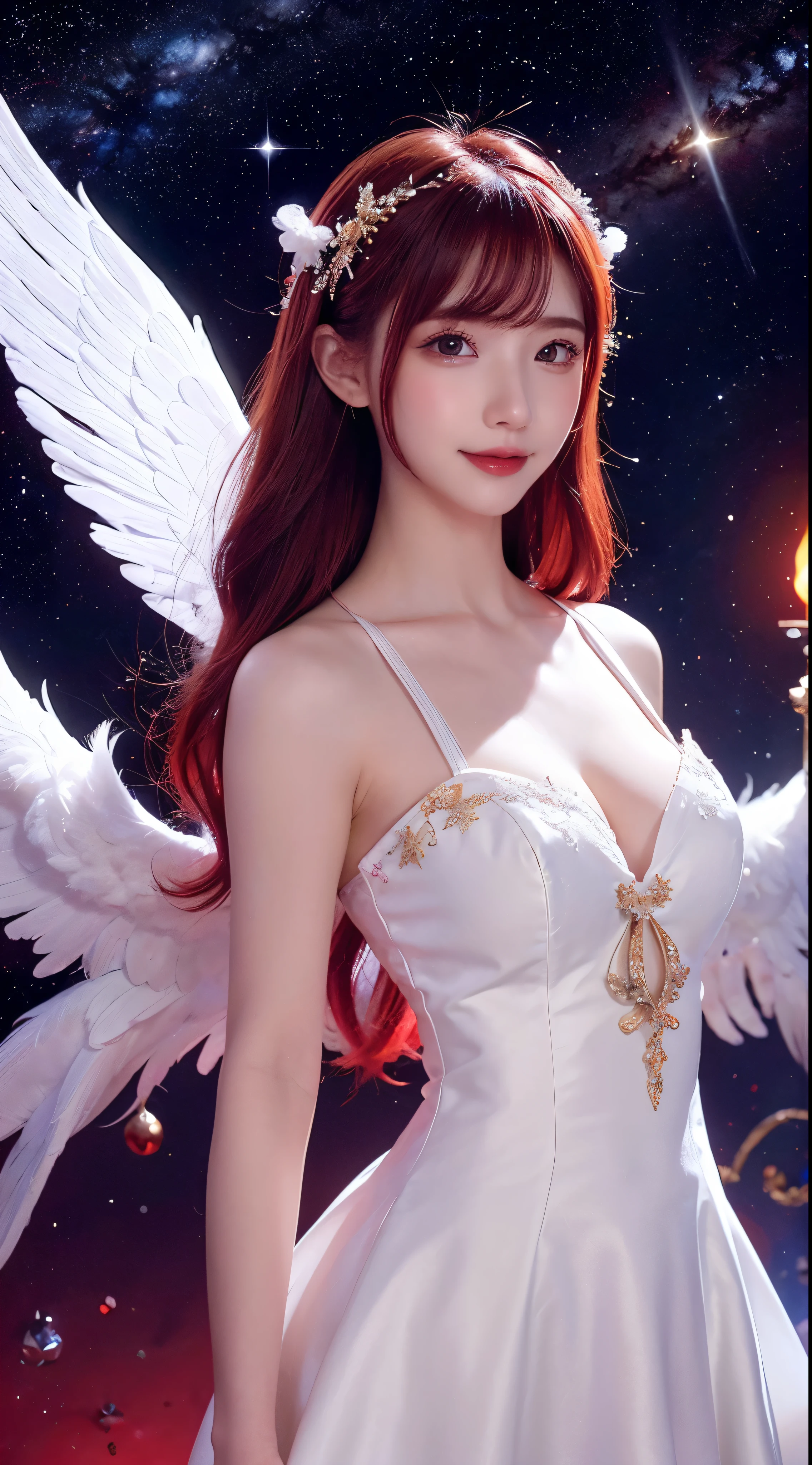 with high definition images，angel images，Beautiful red dresaroon hair、Smile、White angel wings、Golden halo、Red dress with white feathers、upright、universe space、Milky Way in the background、遠くのstar、Upper Body、star々The brilliance。Facial details