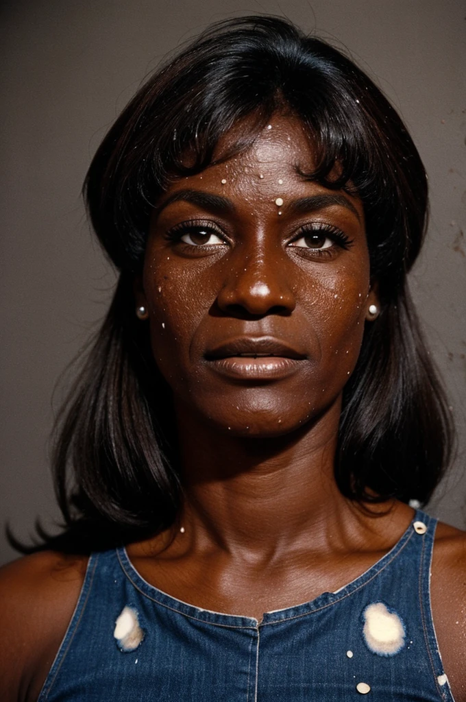 A photo that looks like it came from 1979 of a 57-year-old woman, dark-skinned, splattered nose, muscular, with a mole on his left cheek. Dressed as a Christian woman dressed in the 90s