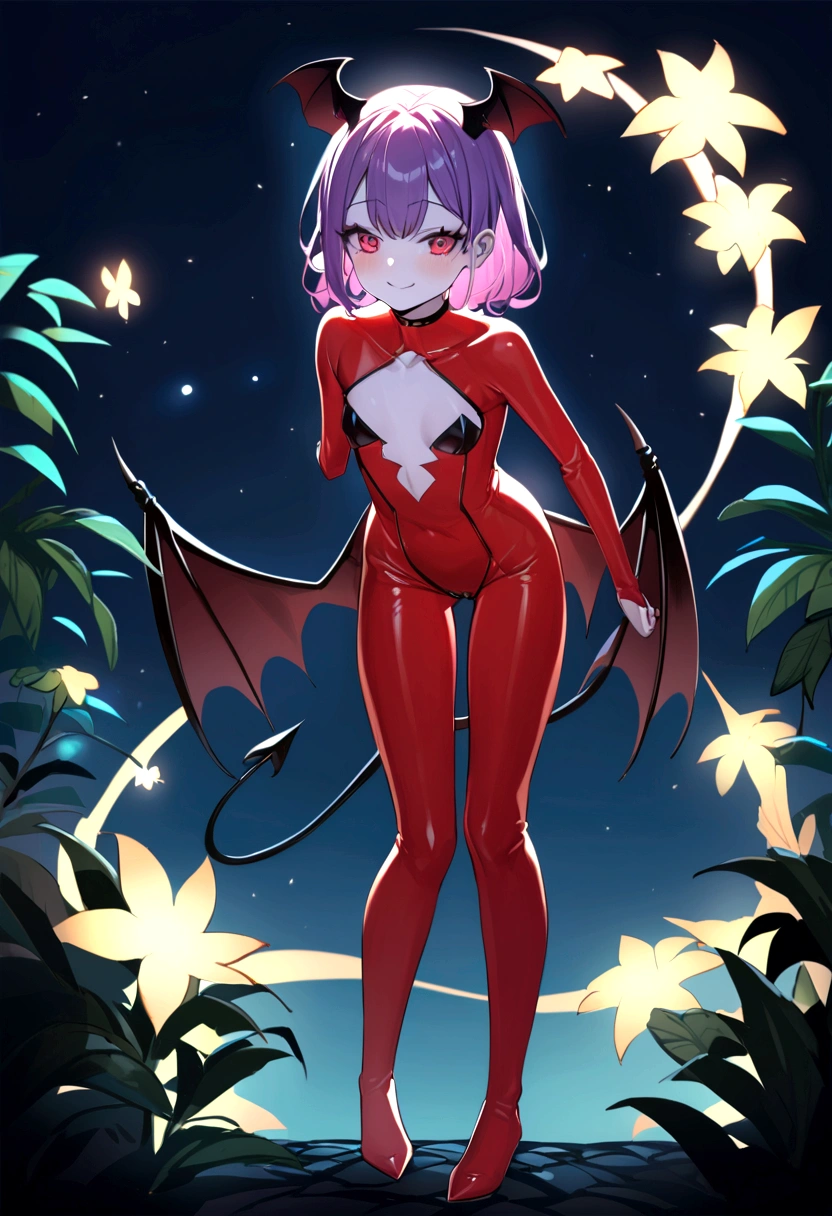 full body image of an anime style girl, the girl has a very thin body, the girl has short legs, the girl has a very , the girl smiles provocatively, the girl has white skin, the girl has very small breasts, the girl is slightly blushing, the girl has red ears shaped like bat wings, The girl has short purple hair, the girl is posing sexy, The girl wears a tight red latex suit, The latex suit does not cover the girl&#39;s arms or legs., the girl has a thin black demon tail, At the tip of the girl&#39;s tail there is a black arrow, the girl is standing, the girl is bending her ribs forward, the girl&#39;s eyes are bright red, the girl is smiling, the girl has bat wings full of spikes on her back, The girl has very marked black eyeliner on her eyes., the girl&#39;s expression is provocative, The background of the image is a garden at night with night lights and luminous plants,