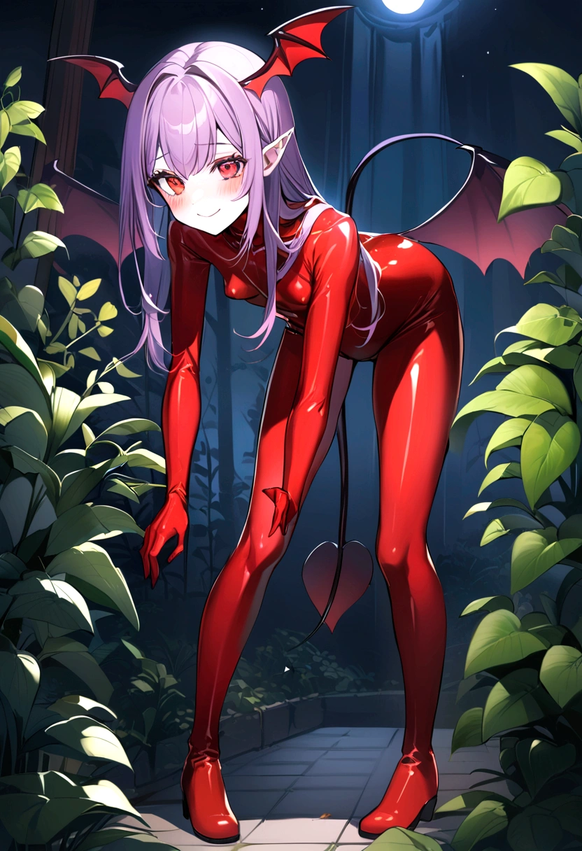 full body image of an anime style girl, the girl has a very thin body, the girl has short legs, the girl has a very , the girl smiles provocatively, the girl has white skin, the girl has very small , the girl is slightly blushing, the girl has red ears shaped like bat wings, The girl has short purple hair, the girl is posing sexy, Tgirl wears a tight red latex suit, The latex suit does not cover the girl&#39;s arms or legs., the girl has a thin black demon tail, At the tip of the girl&#39;s tail there is a black arrow, the girl is standing, the girl is bending her ribs forward, the girl&#39;s eyes are bright red, the girl is smiling, the girl has bat wings full of spikes on her back, The girl has very marked black eyeliner on her eyes., the girl&#39;s expression is provocative, The background of the image is a garden at night with night lights and luminous plants,