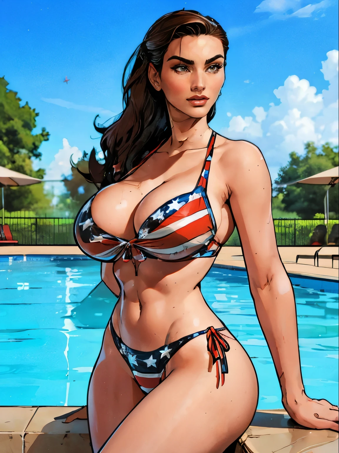 Gorgeous and sultry busty athletic (thin) brunette (smirking) with sharp facial features and a ((long), slicked-back hair) and (huge , long legs) wearing a star-spangled American flag print bikini, Americana, swimming pool.