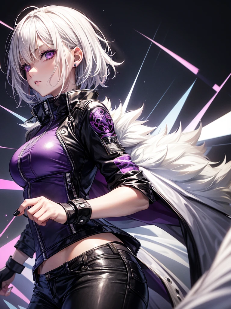 anime dark, Adult woman with short white hair wearing a biker clothing, purple eyes and a black patch over the left eye
