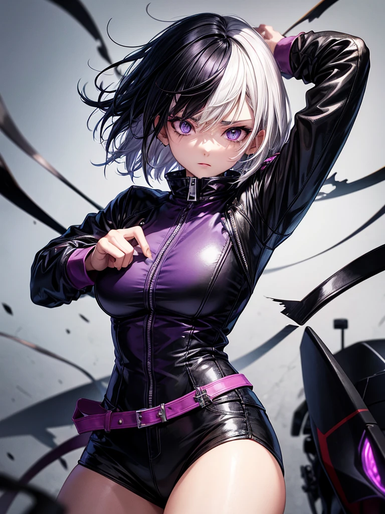 anime dark, Adult woman with short white hair wearing a biker clothing, purple eyes and a black patch over the left eye