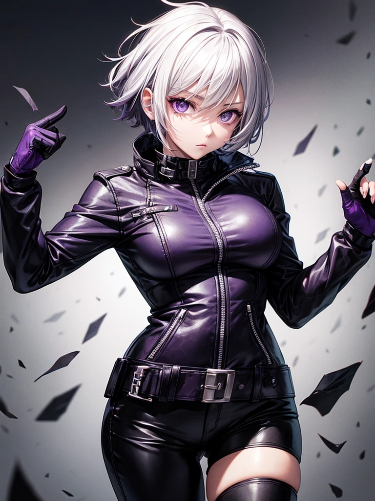 anime dark, Adult woman with short white hair wearing a biker clothing, purple eyes and a black patch over the left eye