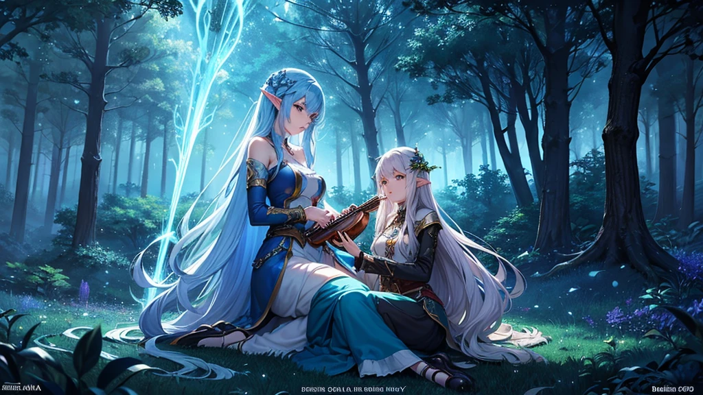 high quality、There is a woman sitting in the woods with a fiddle, The blue light illuminates the elven woman.、Beautiful fantasy anime, Beautiful fantasy art, Fantasy art style, Elven forest bard playing the fiddle, Anime fantasy artwork, very Beautiful fantasy art, 2. 5 d cgi Anime fantasy artwork, Anime fantasy illustration, Beautiful fantasy maiden, epic Fantasy art style hd, Beautifully detailed fantasy, Fantasy Beautiful, Beautiful digital art