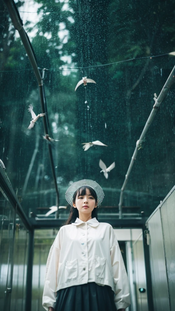 ((crane))、bird、Rainy Sky、1girl,from below