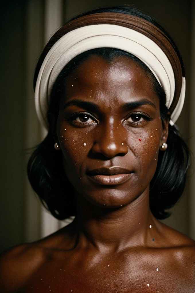 1979 portrait of a 57-year-old woman, dark-skinned, splattered nose, muscular, with a mole on his left cheek. Dressed as a Christian woman dressed in the 90s