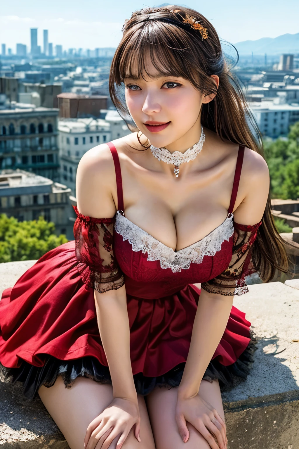 (nsfw:-2.0), (realistic, photo-realistic:1.4), (best quality,masterpiece:1.2), RAW photo, high resolution, intricate details, extremely detailed, realistic and sharp details, cinematic lighting, (portrait, frontal photography), solo, 1girl, (doll-like appearance), (victorian-style cosplay), (large breasts, cleavage), dark hair, detailed face, detailed eyes, smile, (pastel color clothes), bell-shaped skirt, petticoats, sweetheart neckline, puffed sleeves, detailed lace, detailed embroidery, accessories and matching headpiece, choker, large sparkling jewelry, ankle strap pumps, photo background, outdoors, (city ruins, ruins, concrete), nature, overgrown,,,[Rei Ozono,Sakurazaka46]