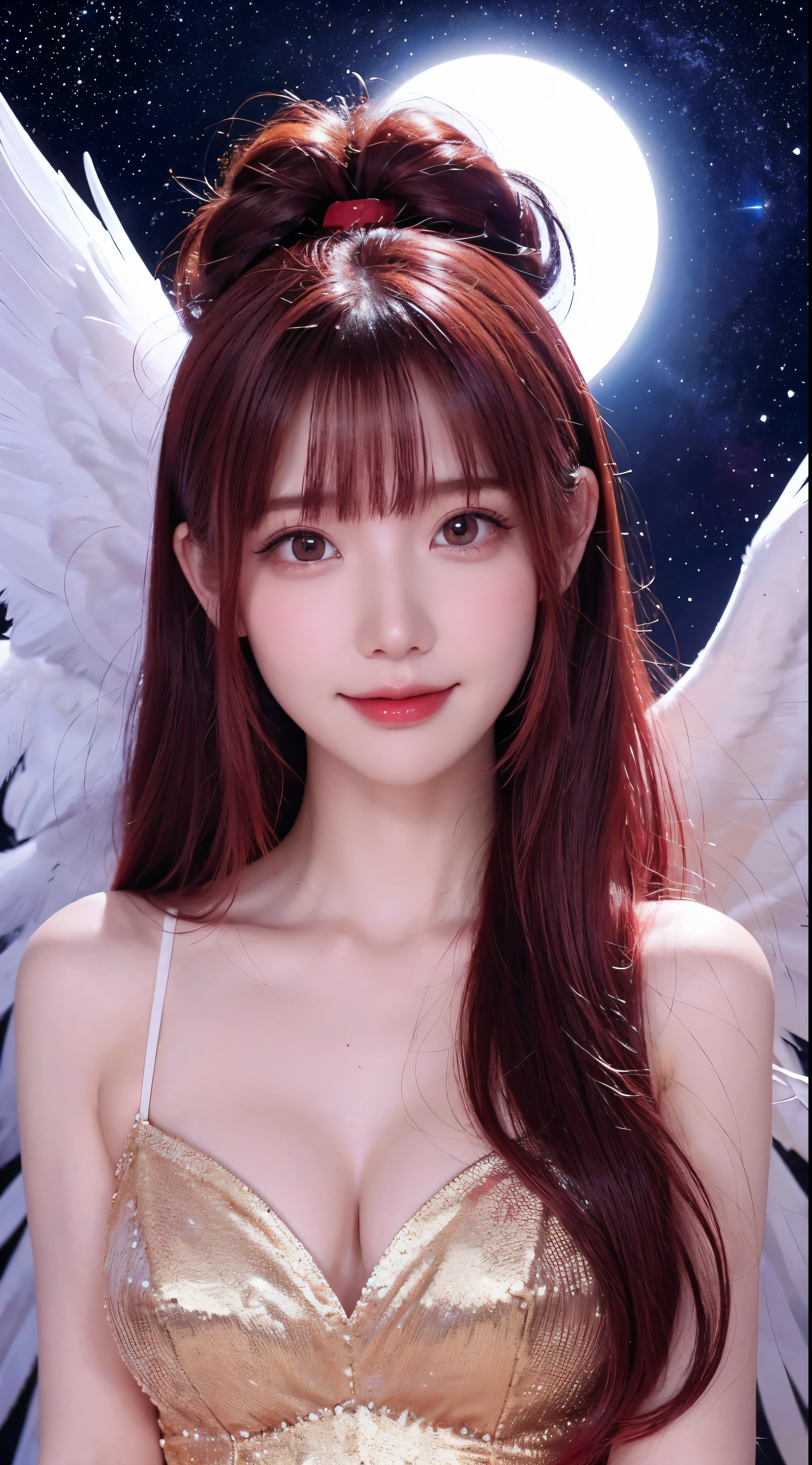 with high definition images，angel images，Femmele、Maroon hair、Smile、White angel wings、Golden halo、Pink Dress、upright、universe space、Milky Way in the background、遠くのstar、Upper Body、star々The brilliance。Facial details