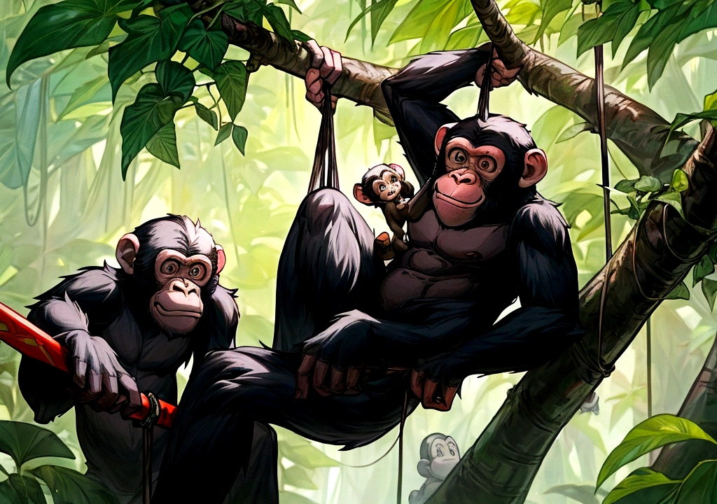 cartoon monkey hanging from a tree branch in a jungle, apes hanging from vines, animated movie still, monkey, cyber monkey in the scifi forest, chimpanzee, animated film still, animation still, subject= chimp, animated movie scene, animated still, clever monkey with a long knife