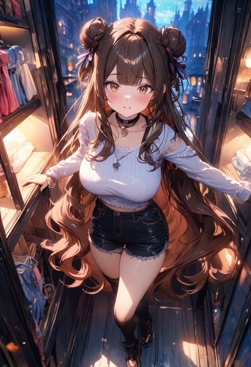 (masterpiece), best quality, very aesthetic, newest, absurdres, detailed, high quality
BREAK
highest quality, top quality, details, highres, ultra fine painting, digital art, official art, cinematic, 4k, 8k resolution, 8K CG wallpaper, CG, original artwork, detailed background, colorful background, blue atmosphere, High Dynamic Range, blurry background, blue hour, Starburst effects, crepuscular rays, good ISO, high resolution, wide shot, from far away, RAW photo, POV, sharp focus, light reflection, reflections, intricate details, soft light, particle noise, professional photography, bokeh, depth of field, natural lighting, vibrant colors, looking away, detailed lights and shadows, stylish, ultra-detailed, top rated on Pixiv, trending on Artstation, niji style, modern-days, master crafted, pose
BREAK
solo, close up shot, from above, 1girl, pale skin, correct fingers, detailed hand, (big breasts:1.2), big thighs, small torso, short body, flushtered, blush, anxious expression, embarassed, embarassed act, casual, slim, ((cute, childlike face):1.3), nice hips, nice body, brown hair, (very long flowing hair), (big 2 buns hairstyle)), long bangs, long hair, middle hair bangs, brown eyes
BREAK
(pink baggy crop shirt, long sleeve, shorts, stockings, choker, full body pose, modern fashion)
BREAK
Hanging clothes, folded clothes, walls, changing room, wardrobe