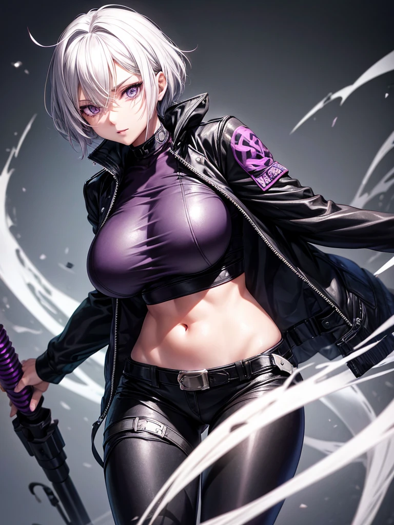 anime dark, Adult woman with short white hair wearing a biker clothing, purple eyes and a black patch over the left eye, With big breasts