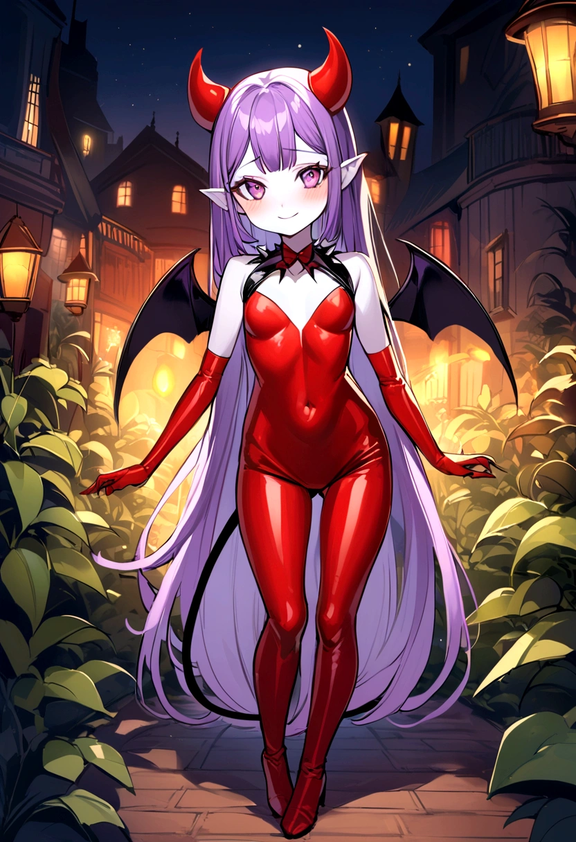 full body image of an anime style girl, the girl has a very thin body, the girl has short legs, the girl has a very , the girl smiles provocatively, the girl has white skin, the girl has very small breasts, the girl is slightly blushing, the girl has red ears shaped like bat wings, The girl has short purple hair, the girl is posing sexy, The girl wears a tight red latex suit, The latex suit does not cover the girl's arms or legs., the girl has a thin black demon tail, At the tip of the girl's tail there is a black arrow, the girl is standing, the girl's eyes are bright red, the girl is smiling, the girl has bat wings full of spikes on her back, The girl has very marked black eyeliner on her eyes., the girl's expression is provocative, The background of the image is a garden at night with night lights and luminous plants,