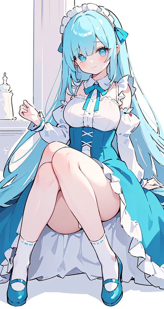 (long beautiful pinky hair) cyan eyes, (Eyes behind long bangs) big breasts, Sitting pose using accessories (using socks) perfect shiny beautiful cyan shoes (Wearing luxurious palace maid clothes Perfect perfect noble)  Pose facing sideways (Girl1, straight hair not too long, bangs covering one eye, soft face, gentle smile) long pink hair, beautiful cyan eyes (Sitting pose, right hand down, left hand down, leaning pose,  smile kawai, (blank white background) Wearing a blue corset, (Using a beautiful bright blue ribbon) Kawai shy cute eyes (cyan colored shoes must be shiny, Must wear short white socks) Short custom maid sleeves reaching mid-shoulder 
