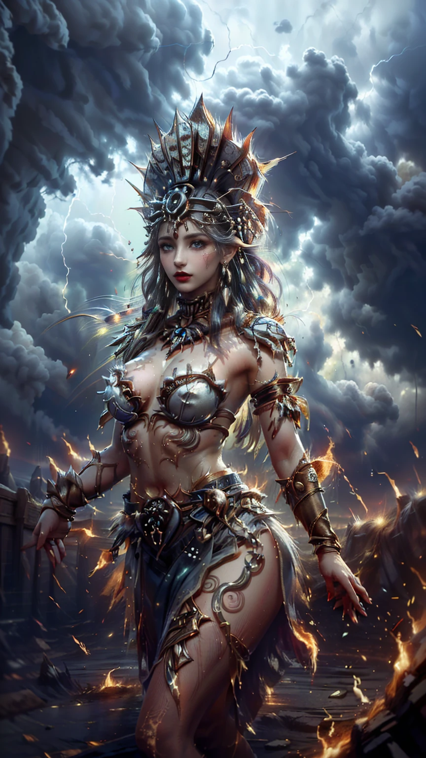 low angle, from below, ((1 woman, mayan goddess de la lluvia, alone, white hair with gray highlights, long shiny hair tousled by the wind, dark and deep makeup, thick lips, lightning blue eyes, mayan goddess, ethereal beauty.)) pre-Hispanic tribal tattoos all over his body (( His hands hold two luminescent rays as his weapons)) ((she is dressed with: mayan goddess armor, ethereal and mystical dress, white gold plume, white gold jewelry )). emerging from the eye of the hurricane, radiant look, expression of power. ((it was cloudy, intense light particles, sparkles and natural magic light)) ((Around: in the clouds in the eye of the fierce hurricane, with intricate nature being absorbed, lightning and clouds that revolve around the eye of the hurricane, mayan goddess, a portal is shown in the background from which the goddess emerges, luminescent vines, blue light rays, luminescent nature.)) ((realist, photo-realist:1.3), Masterpiece, extremely detailed pale body, Best quality score, 8k quality, Half body))