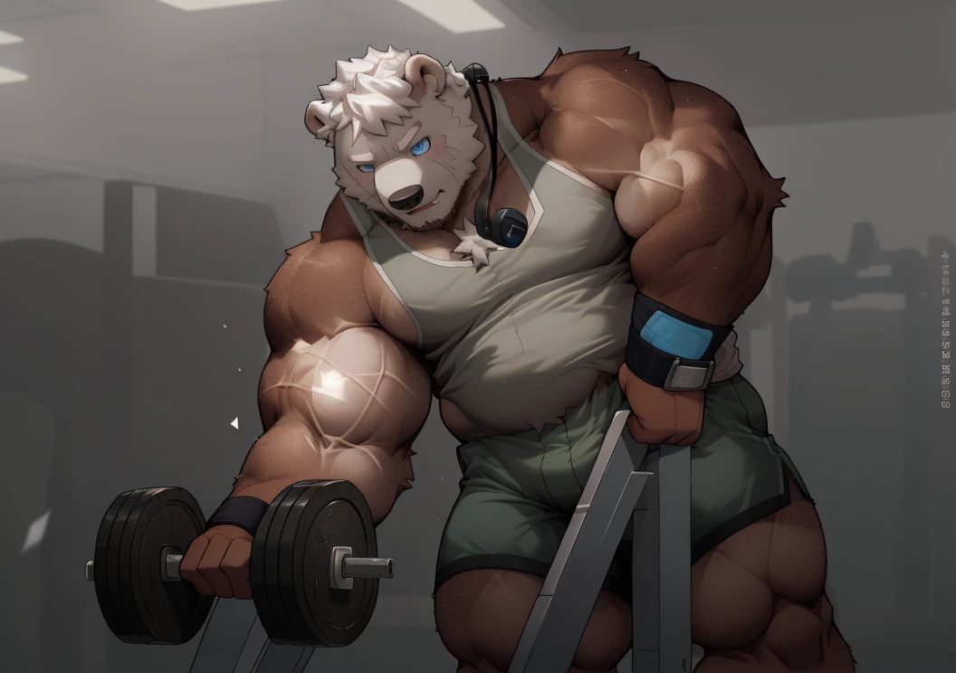 masterpiece, best quality, 8k resolution, Very detailed, hairy,(((polar bear)),(((Mature))),(((beard))),(((fat))),(((White hair all over body))),(((portrait))),(((White hair))),(((straining))),For the audience,(((gym tank top))),(((standing))),((wristbands)), ((Highest quality scene,(((whole body))),(((Blue Eyes))),(((Legs apart))),(((Fat-enclosed muscle))),(((Round face))),(((alone))),(((Strong body))),(((Hip bulge))),(((arms exposed))), ((working out)), ((concentration curls))