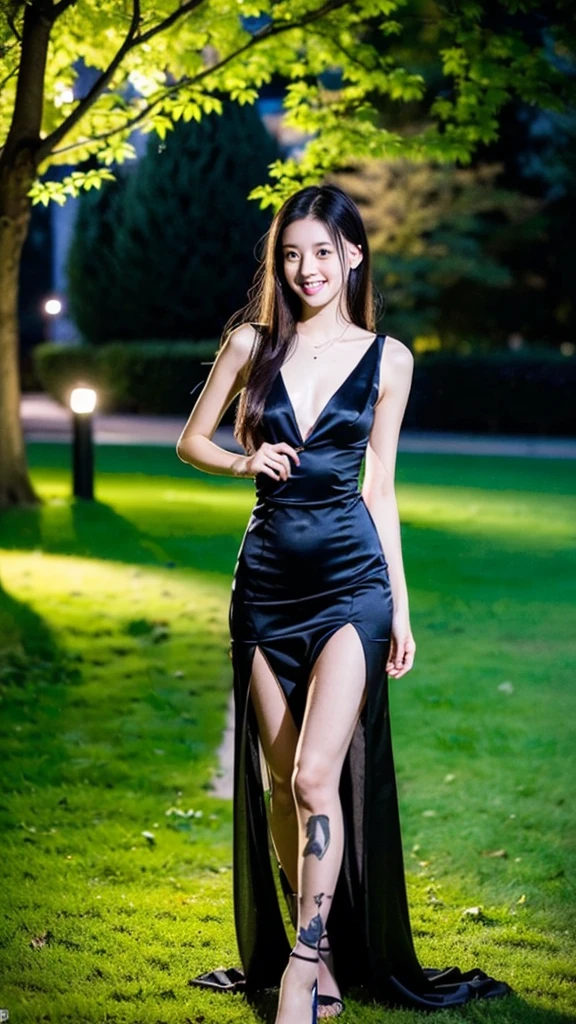 (Highest quality:1.5), (Real:1.4), (Ultra high definition:1.4), (No correction:1.4), (Skinny 18 year old girl), (1 Japanese very thin girl with flat chest in eighteen years old), (very thin body), skinny face, (Beautiful skin), (Sexy Dress), High heels, (girl is wearing Sexy Dress), (very thin girl is standing on the grass in the park at night), (18yo very thin girl is standing in the night park), (front view of a flat chest girl), (Night Park), (Upper Body), (smile), (Turn your body forward), (flat chest), (very thin)